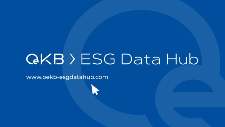 Webadresse des OeKB > ESG Data Hub auf blauem Hintergrund