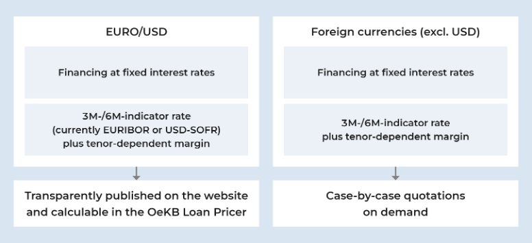 We offer financing in euros and foreign currencies.